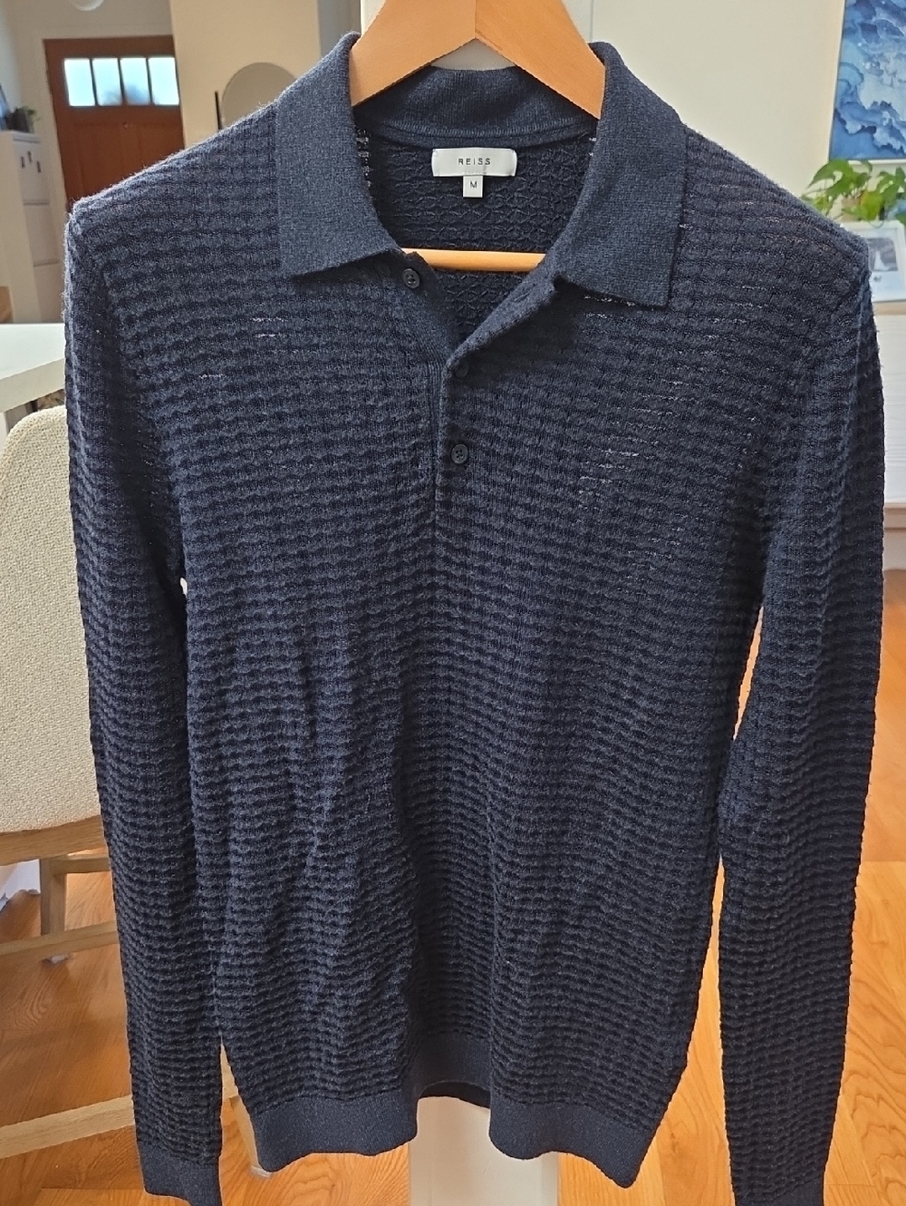 Reiss Men's Wool-Nylon Blend Navy Textured Long Sleeve Polo Sweater (M)